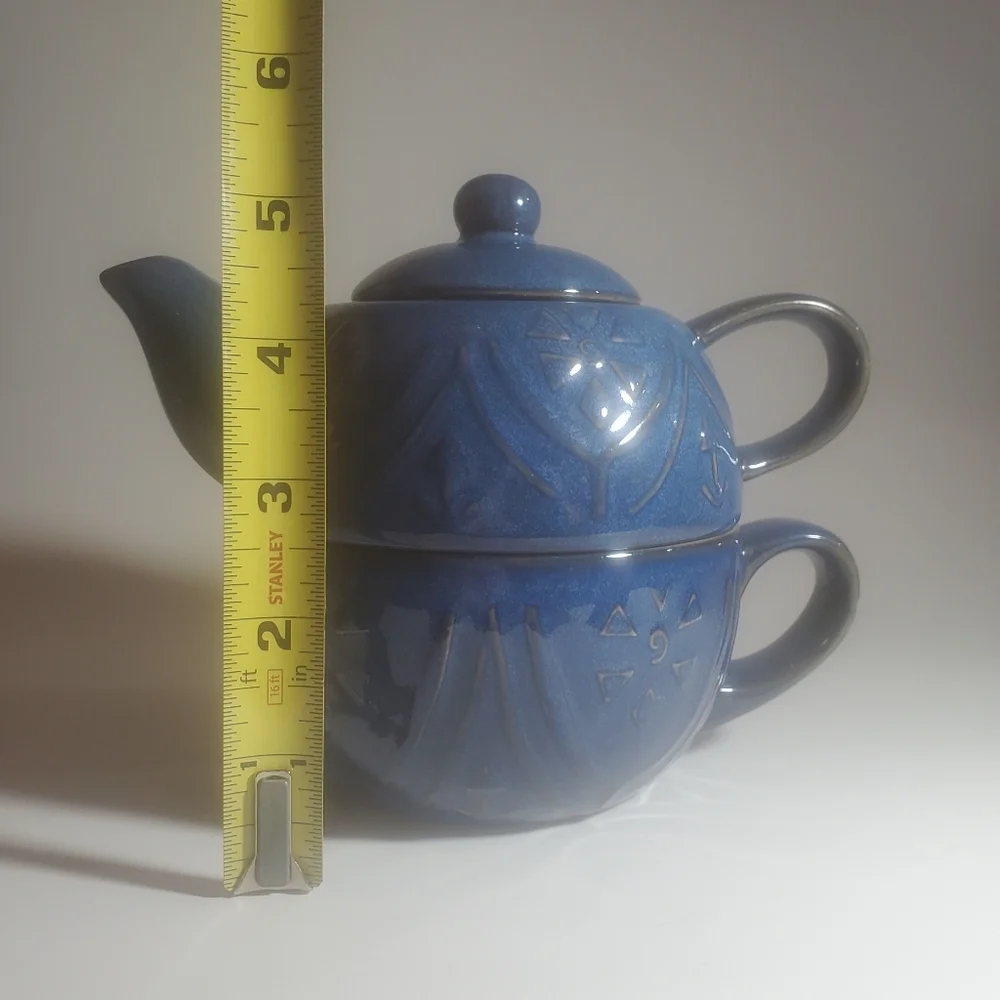 Vintage PIER 1 'Tea For One' Ceramic Stonewear Teapot Tea Cup Set Blue EUC